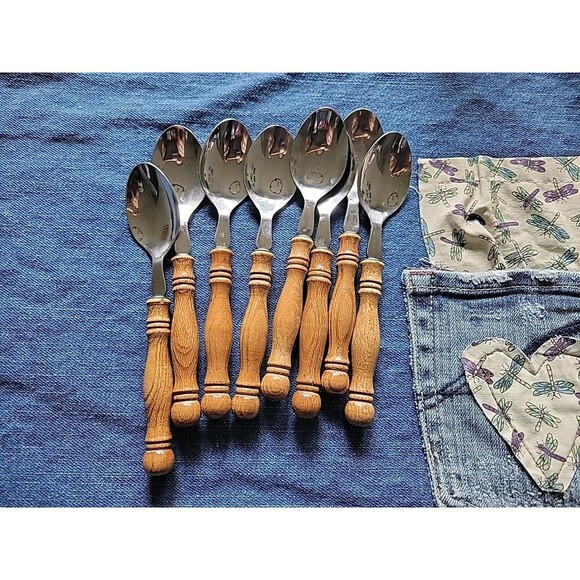 Vintage Old Homestead 1970's Silverware Flatware 8 Pieces Brown Wood Handle MCM - Picture 1 of 3